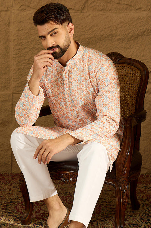 Orange Viscose Rayon Geometric Printed Straight Kurta with Trouser MKSET1600