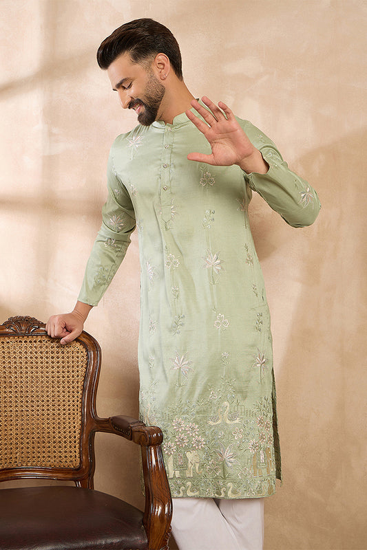 Olive Silk Blend Solid Embroidered Straight Kurta With Trouser MKSET1682