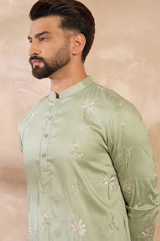 Olive Silk Blend Solid Embroidered Straight Kurta With Trouser MKSET1682