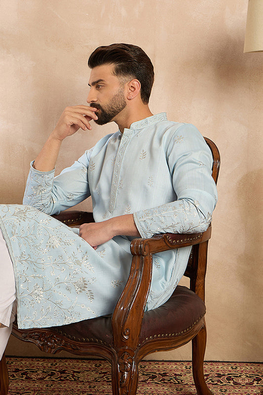 Blue Silk Blend Solid Embroidered Straight Kurta With Trouser MKSET1785