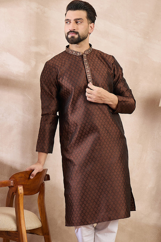 Brown Silk Blend Solid Woven Design Straight Kurta With Trouser MKSET1855