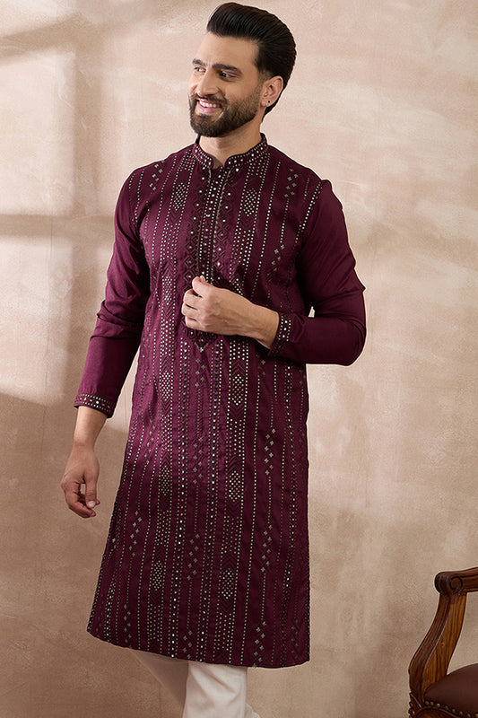 Purple Silk Blend Embroidered Mandarin Collar Straight Kurta With Trouser MKSET1889