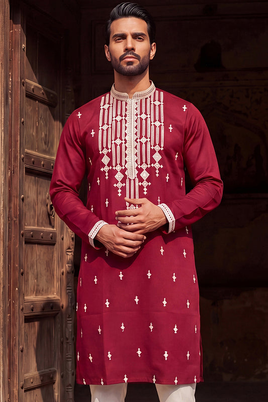 Ethnic Bay Maroon Silk Blend Embroidered Straight Kurta With Trousers MKSET2049