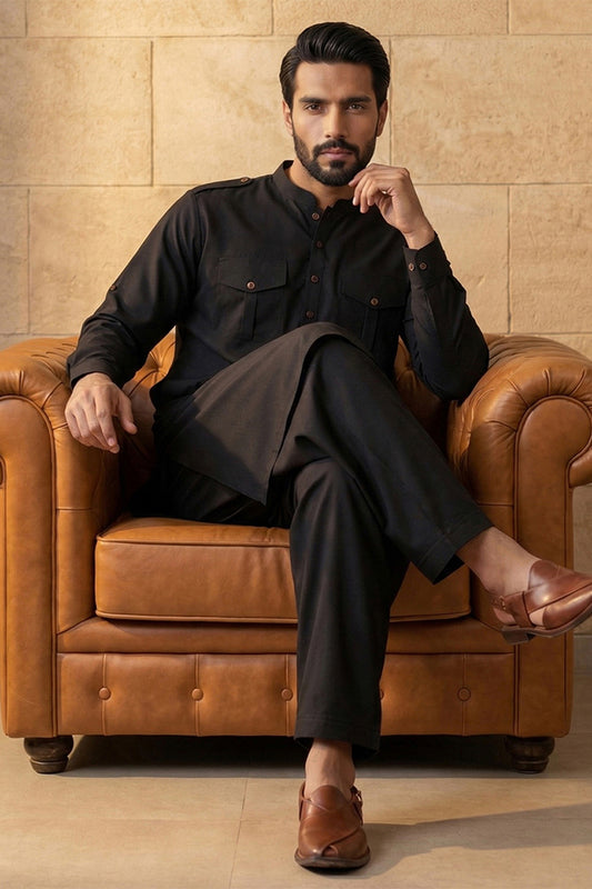 Ethnic Bay Men Black Viscose Rayon Solid Straight Pathani Set MKSET2199