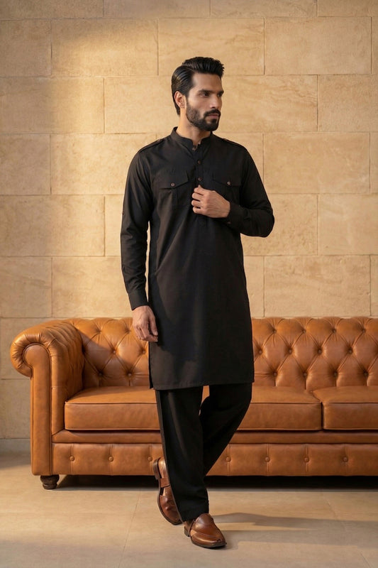 Ethnic Bay Men Black Viscose Rayon Solid Straight Pathani Set MKSET2199