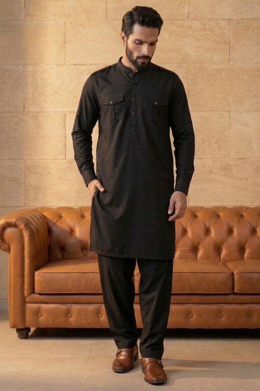 Ethnic Bay Men Black Viscose Rayon Solid Straight Pathani Set MKSET2199
