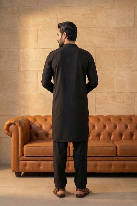 Ethnic Bay Men Black Viscose Rayon Solid Straight Pathani Set MKSET2199