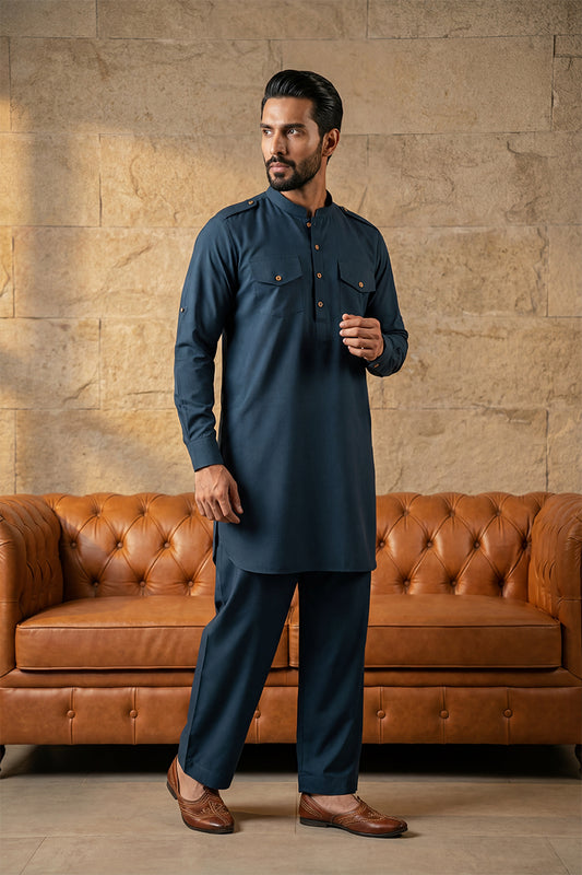 Ethnic Bay Men Blue Viscose Rayon Solid Straight Pathani Set MKSET2200