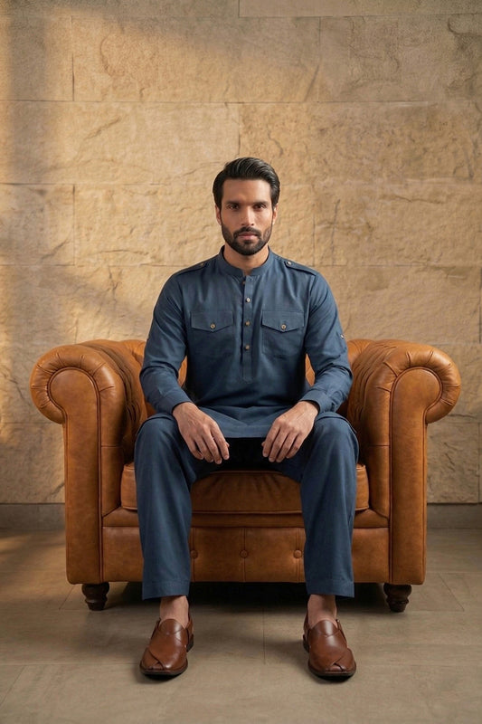 Ethnic Bay Men Blue Viscose Rayon Solid Straight Pathani Set MKSET2200