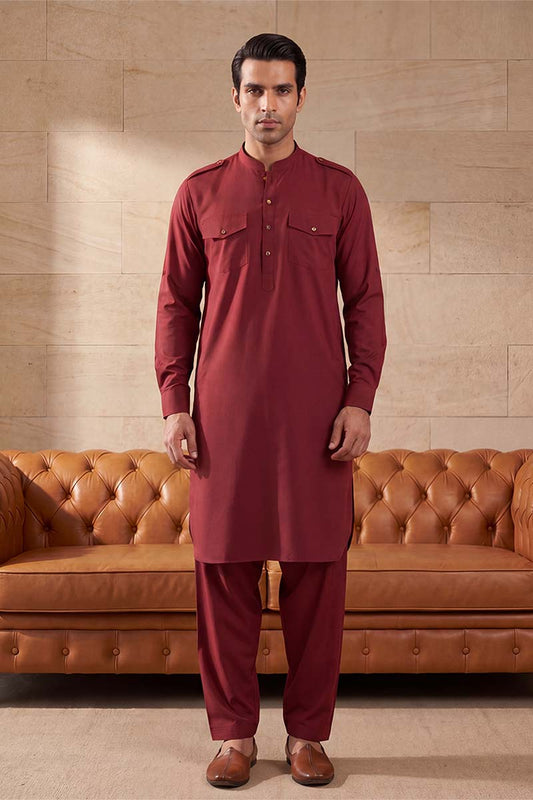 Ethnic Bay Men Red Viscose Rayon Solid Straight Pathani Set MKSET2370