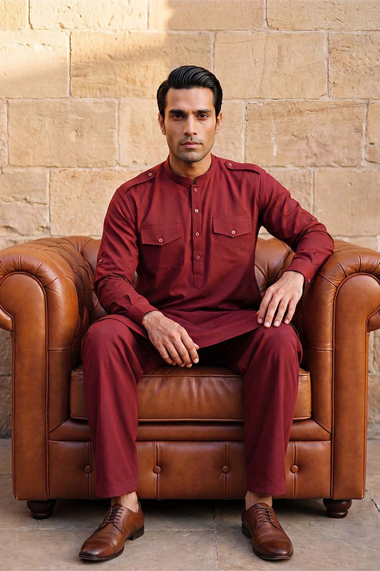 Ethnic Bay Men Red Viscose Rayon Solid Straight Pathani Set MKSET2370