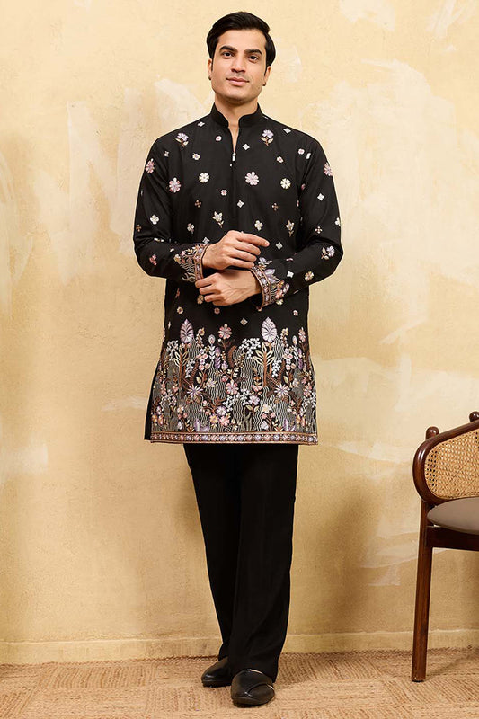 Ethnic Bay Men Black Silk Blend Embroidered Straight Kurta Sets MKSET2395