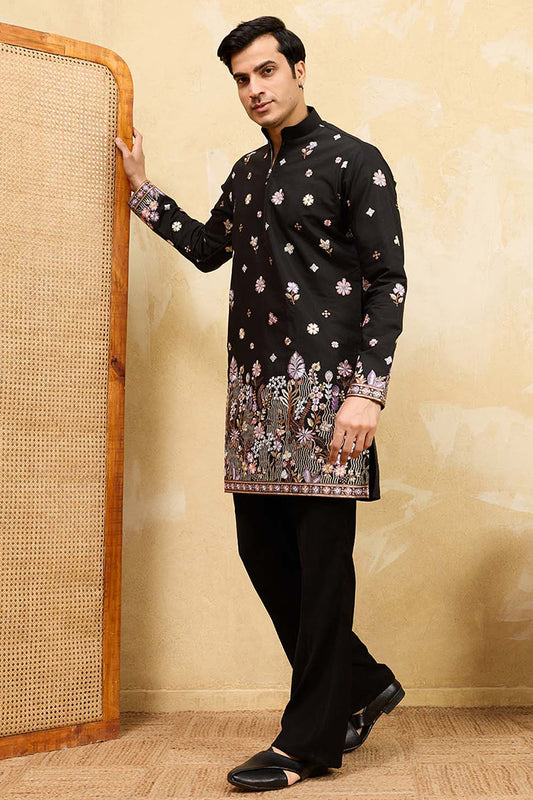 Ethnic Bay Men Black Silk Blend Embroidered Straight Kurta Sets MKSET2395