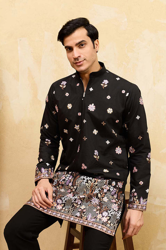 Ethnic Bay Men Black Silk Blend Embroidered Straight Kurta Sets MKSET2395