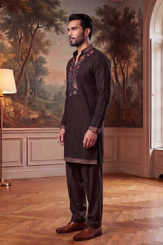 Ethnic Bay Mens Black Silk Blend Embroidered Straight Kurta With Trousers MKSET2396