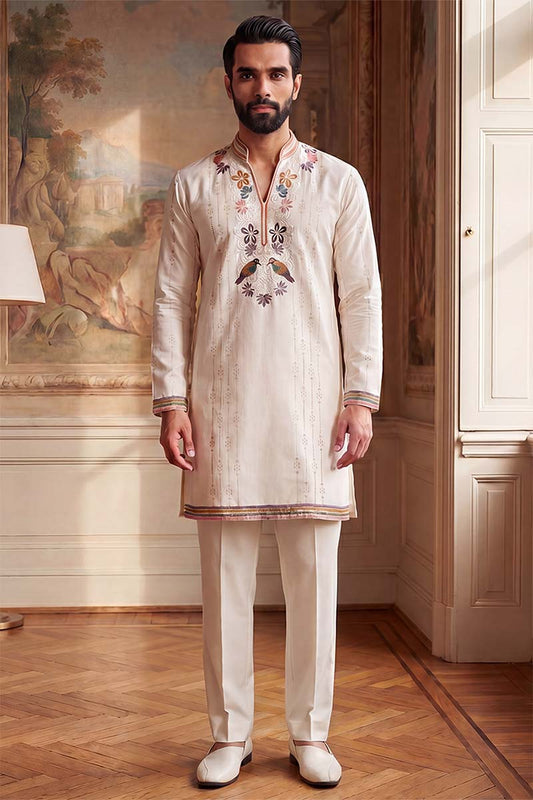 Ethnic Bay Mens White Silk Blend Embroidered Straight Kurta With Trousers MKSET2397