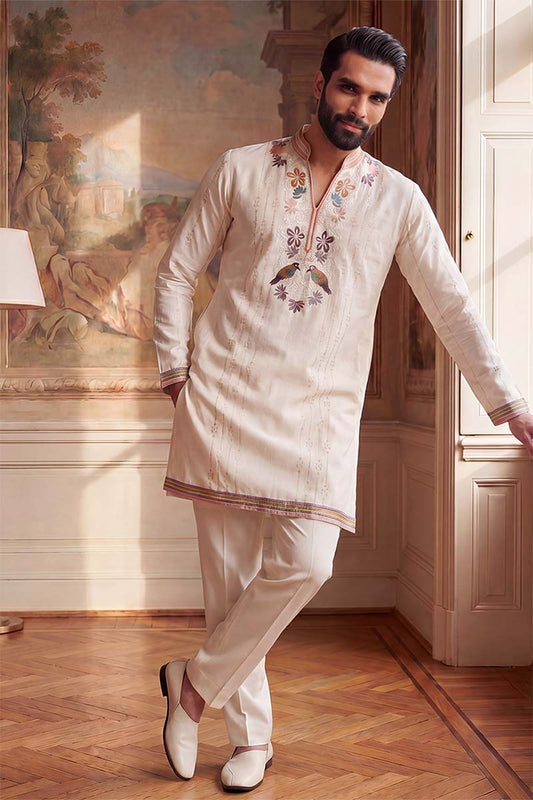 Ethnic Bay Mens White Silk Blend Embroidered Straight Kurta With Trousers MKSET2397