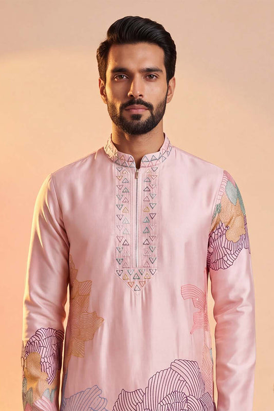 Ethnic Bay Men Pink Silk Blend Embroidered Straight Kurta Sets MKSET2398
