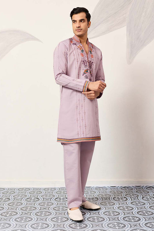 Ethnic Bay Mens Lavender Silk Blend Embroidered Straight Kurta With Trousers MKSET2399