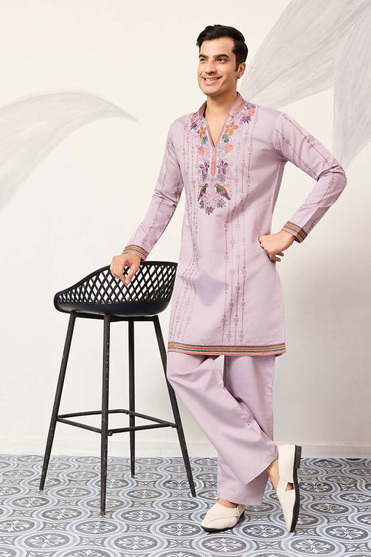 Ethnic Bay Mens Lavender Silk Blend Embroidered Straight Kurta With Trousers MKSET2399