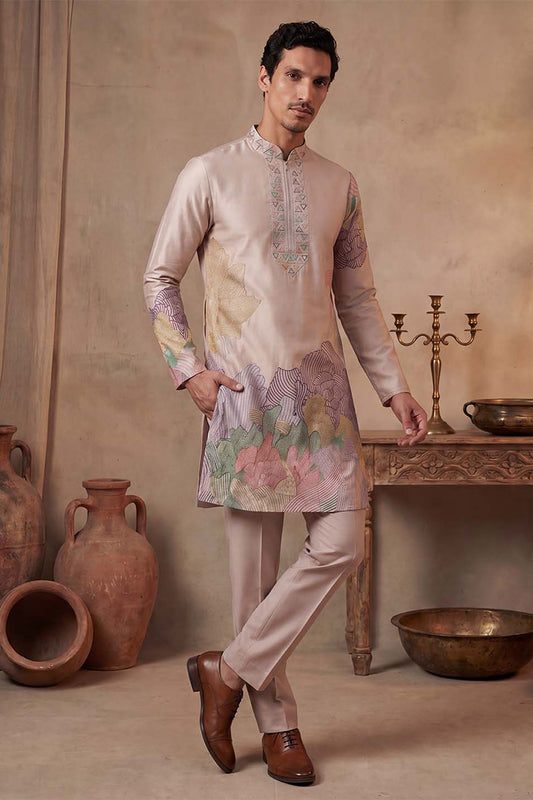 Ethnic Bay Men Taupe Silk Blend Embroidered Straight Kurta Sets MKSET2400