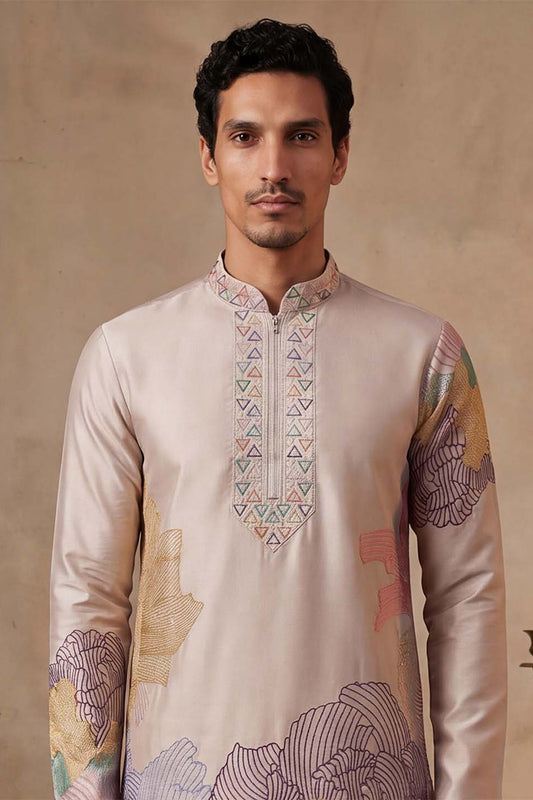 Ethnic Bay Men Taupe Silk Blend Embroidered Straight Kurta Sets MKSET2400