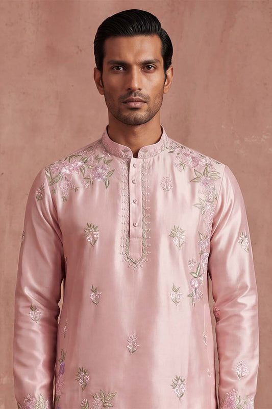 Ethnic Bay Men Pink Silk Blend Embroidered Straight Kurta Sets MKSET2401