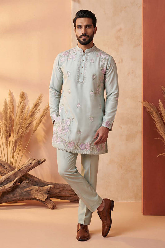 Ethnic Bay Men Green Silk Blend Embroidered Straight Kurta Sets MKSET2402