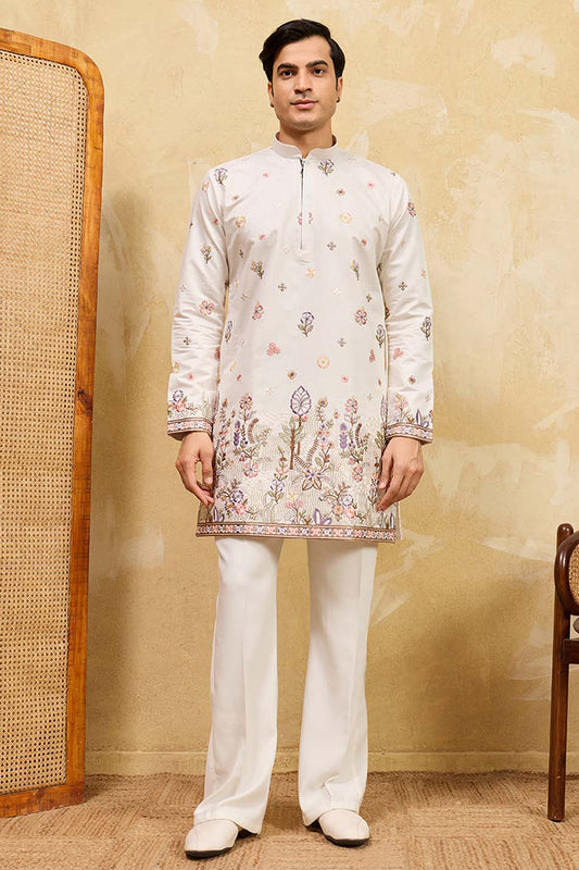 Ethnic Bay Men White Silk Blend Embroidered Straight Kurta Sets MKSET2403
