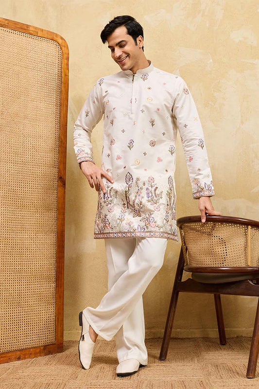 Ethnic Bay Men White Silk Blend Embroidered Straight Kurta Sets MKSET2403