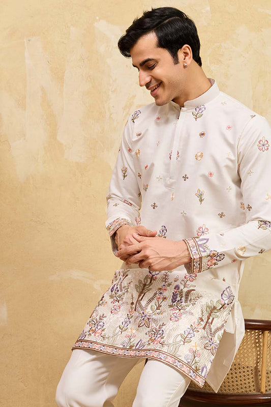 Ethnic Bay Men White Silk Blend Embroidered Straight Kurta Sets MKSET2403