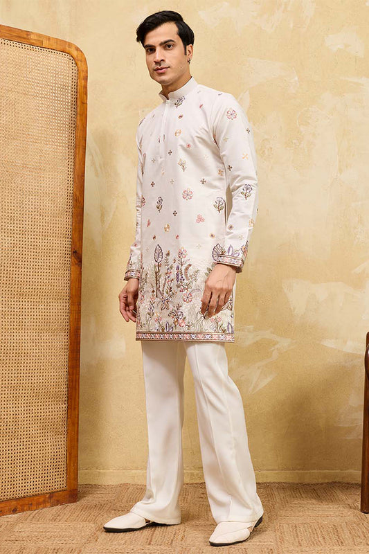 Ethnic Bay Men White Silk Blend Embroidered Straight Kurta Sets MKSET2403