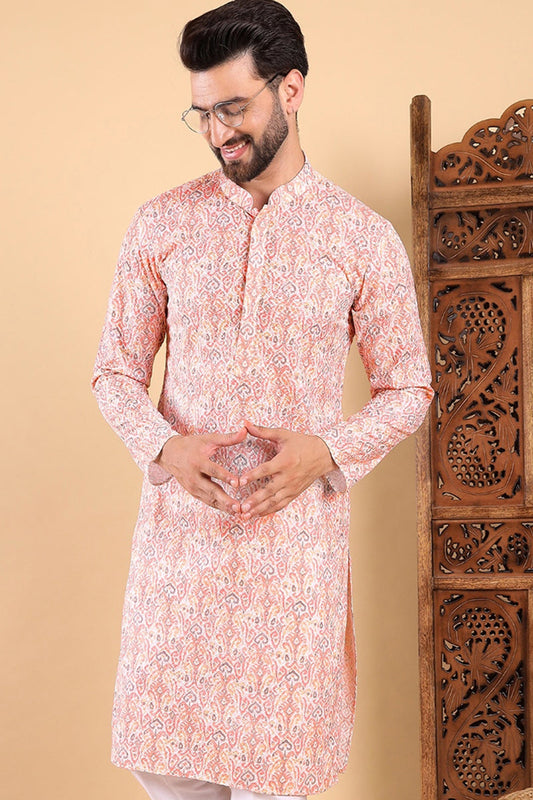 Ethnic Bay Peach Viscose Rayon Ethnic Motifs Embroidered Straight Kurta For Men MKU1004PCH