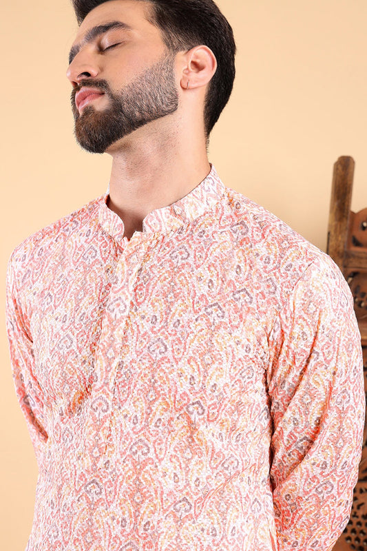Ethnic Bay Peach Viscose Rayon Ethnic Motifs Embroidered Straight Kurta For Men MKU1004PCH