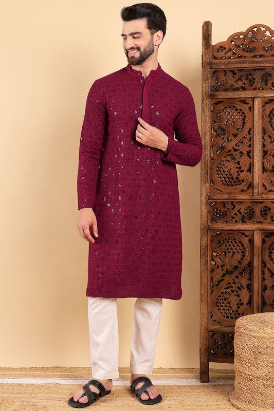 Wine Viscose Rayon Solid Embroidered Straight Kurta For Men MKU1010WIN