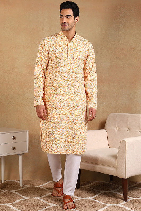 Ethnic Bay Yellow Viscose Rayon Geometric Embroidered Straight Kurta For Men