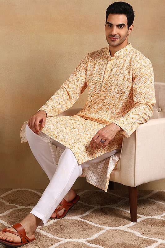 Ethnic Bay Yellow Viscose Rayon Geometric Embroidered Straight Kurta For Men