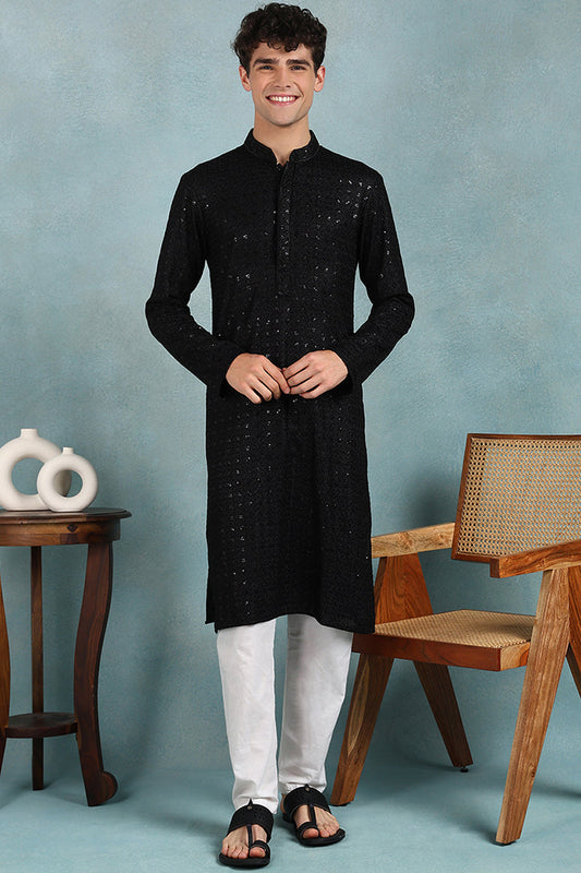 Ethnic Bay Black Viscose Rayon Solid Embroidered Straight Kurta For Men
