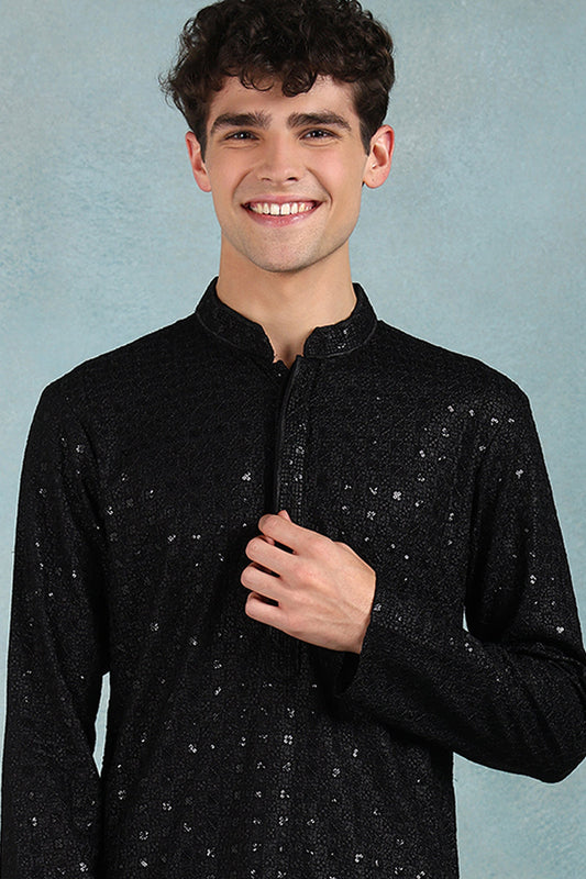 Ethnic Bay Black Viscose Rayon Solid Embroidered Straight Kurta For Men