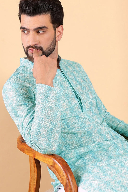 Ethnic Bay Turquoise Blue Viscose Rayon Geometric Embroidered Straight Kurta For Men