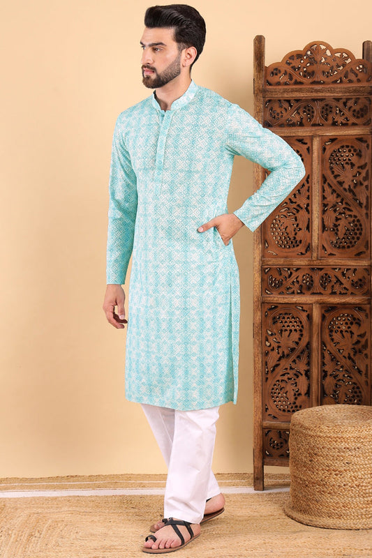 Ethnic Bay Turquoise Blue Viscose Rayon Geometric Embroidered Straight Kurta For Men