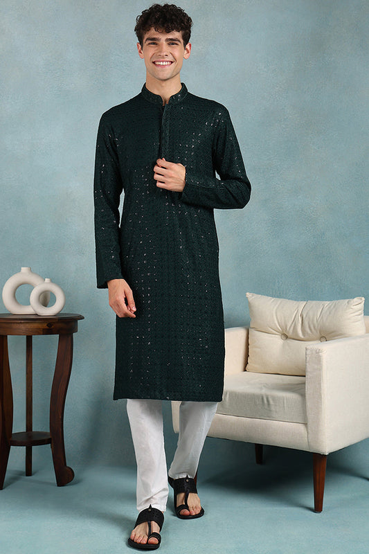 Ethnic Bay Green Viscose Rayon Solid Embroidered Straight Kurta For Men