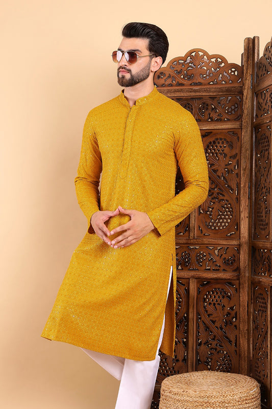 Yellow Viscose Rayon Solid Embroidered Straight Kurta MKU1022YLW