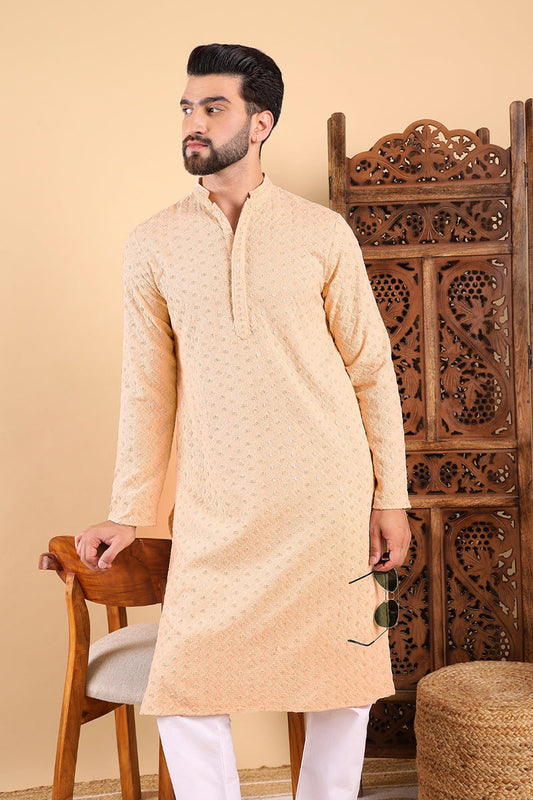 Ethnic Bay Cream Viscose Rayon Solid Embroidered Ethnic Straight Chikankari Kurta For Men