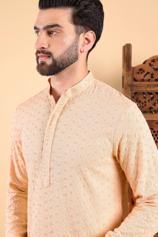 Ethnic Bay Cream Viscose Rayon Solid Embroidered Ethnic Straight Chikankari Kurta For Men