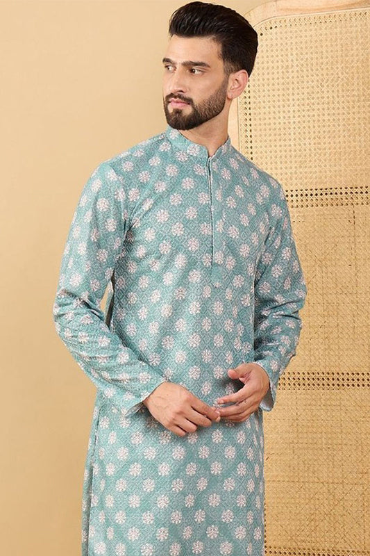 Ethnic Bay Sea Green Viscose Rayon Ethnic Motifs Embroidered Straight Chikankari Kurta
