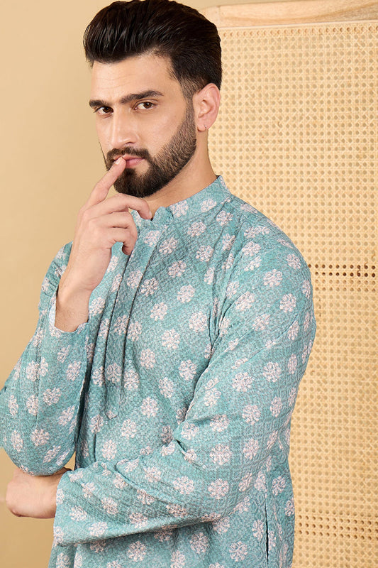 Ethnic Bay Sea Green Viscose Rayon Ethnic Motifs Embroidered Straight Chikankari Kurta