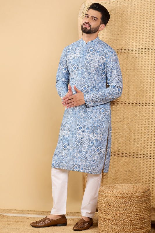 Blue Viscose Rayon Geometric Embroidered Straight Kurta with Trouser MKSET1036