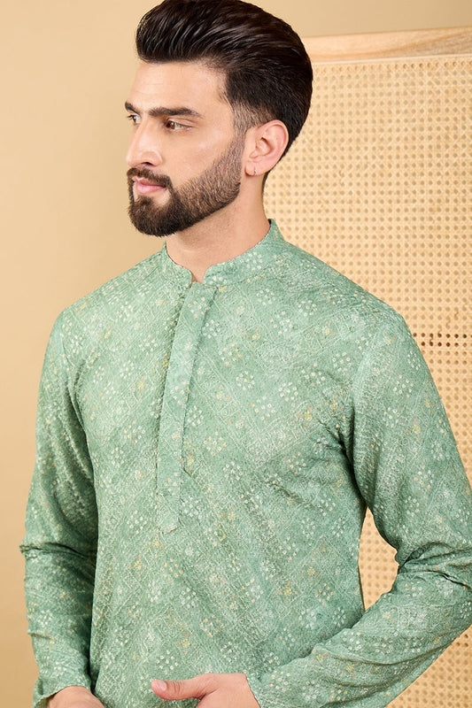 Ethnic Bay Green Viscose Rayon Bandhani Embroidered Straight Chikankari Kurta