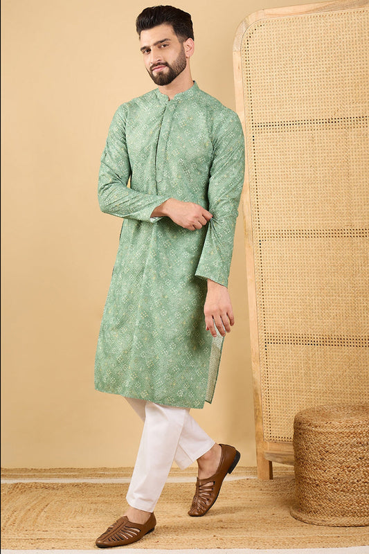 Ethnic Bay Green Viscose Rayon Bandhani Embroidered Straight Chikankari Kurta